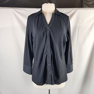 Avenue Button Down Shirt 14/16 Black Stretch Collared Stitch Pattern Minimalist